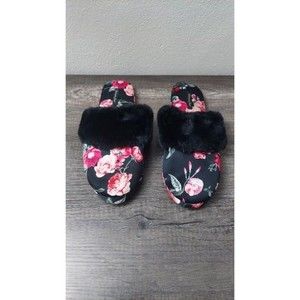 Victoria’s Secret Faux Fur Trim Slippers With Bag Black Floral Size Lg 9 10